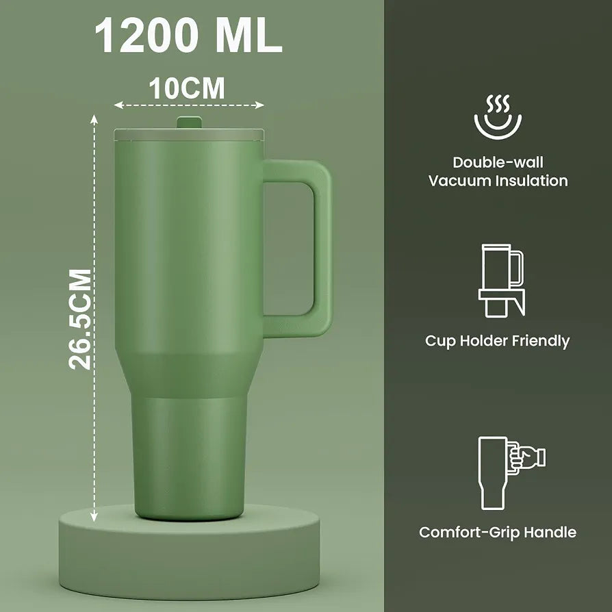 House of Quirk 1200ML Tumbler with Handle & Simple Flip Straw – Car Cup Holder Friendly, Leak Resistant Stainless Steel Water Bottle with Rubber Base 