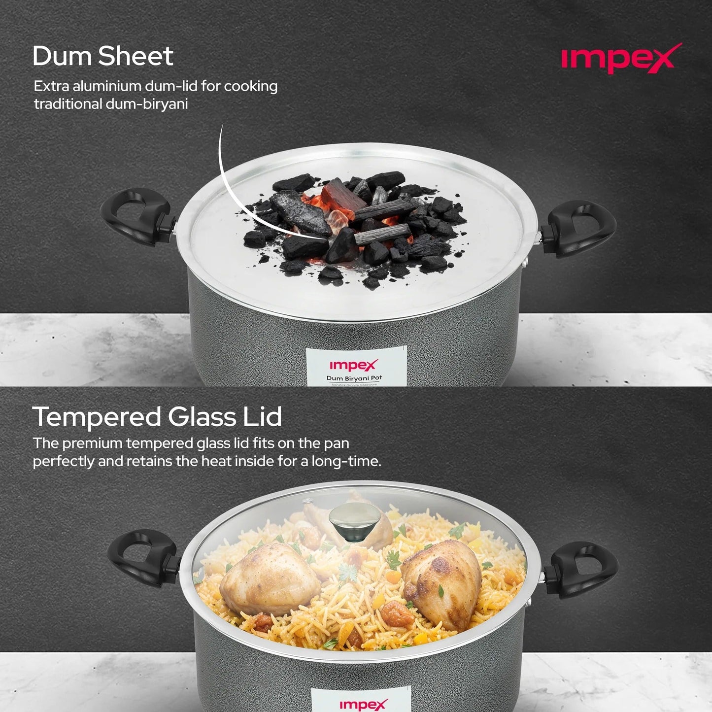 Impex RDBP12 12L Dum Biryani Pot Aluminium 5-Layer Granite PFOA-Free Tempered Glass Lid Induction