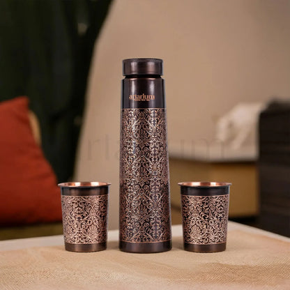 Artarium Antique Etching Copper Bottle with Copper Cups Set