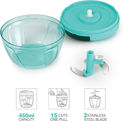 Cello Magic Hand Vegetable Slicer Chopper Small | Multi Utility | 3 Stainless Steel Blades | Vegetable and Fruits | 15 Cuts One Pull |  | 450 ml| Green