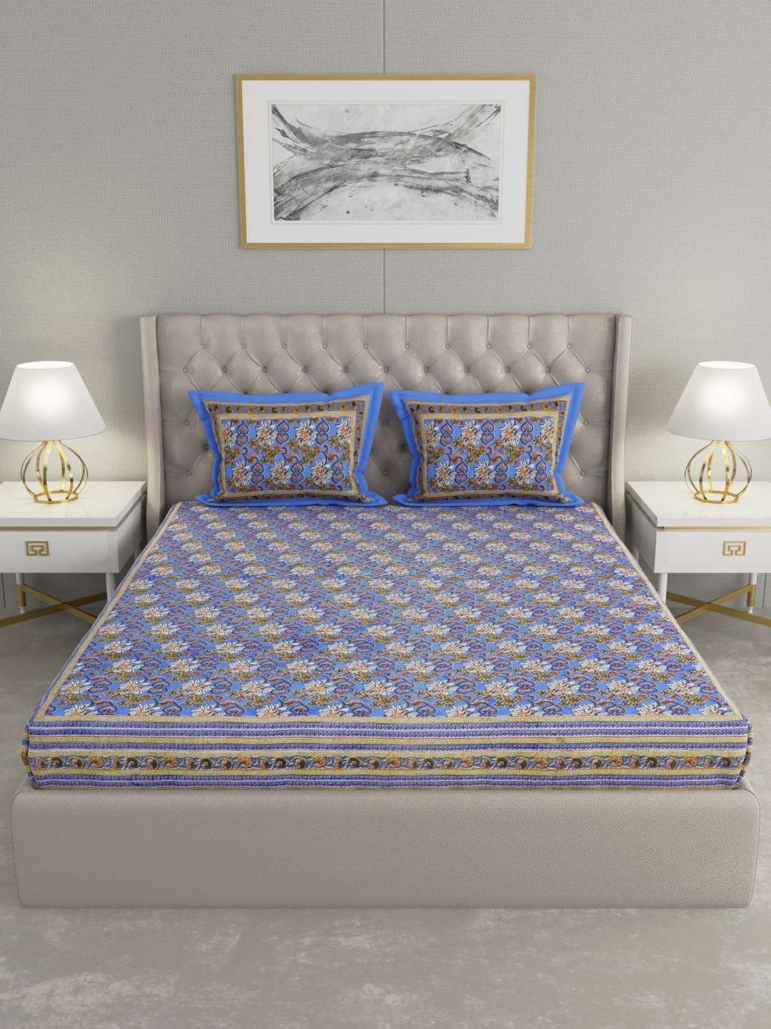 100% Pure Cotton Traditional Printed Bedsheet for Double Bed King Size Bedsheet with 2 Pillow Covers