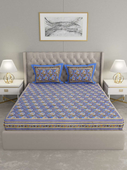 100% Pure Cotton Traditional Printed Bedsheet for Double Bed King Size Bedsheet with 2 Pillow Covers