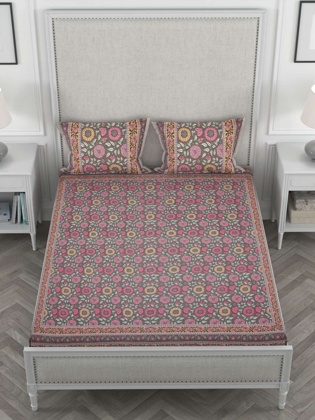 100% Pure Cotton Traditional Printed Bedsheet for Double Bed King Size Bedsheet with 2 Pillow Covers