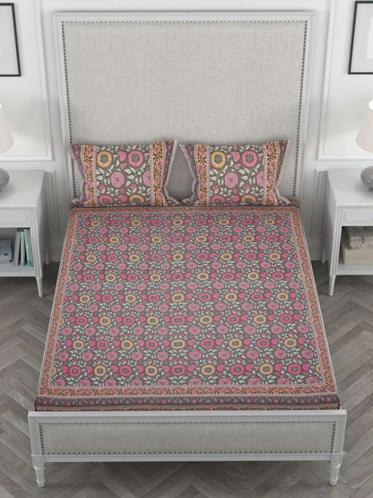 100% Pure Cotton Traditional Printed Bedsheet for Double Bed King Size Bedsheet with 2 Pillow Covers