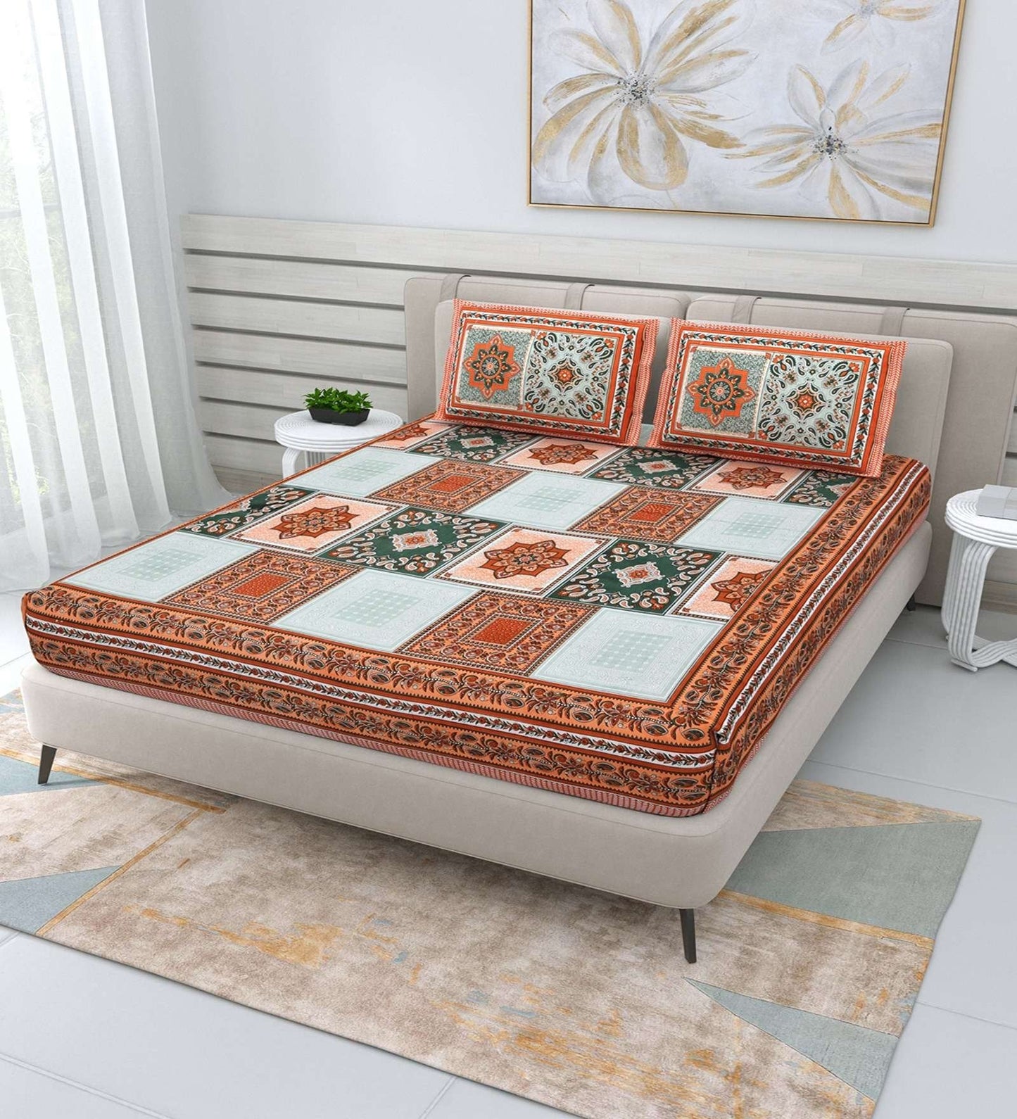 100% Pure Cotton Traditional Printed Bedsheet for Double Bed King Size Bedsheet with 2 Pillow Covers