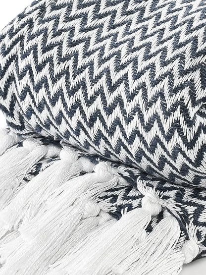 Chevron Throw Blanket Handwoven with Fringes Colour Navy