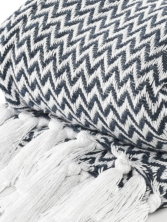 Chevron Throw Blanket Handwoven with Fringes Colour Navy