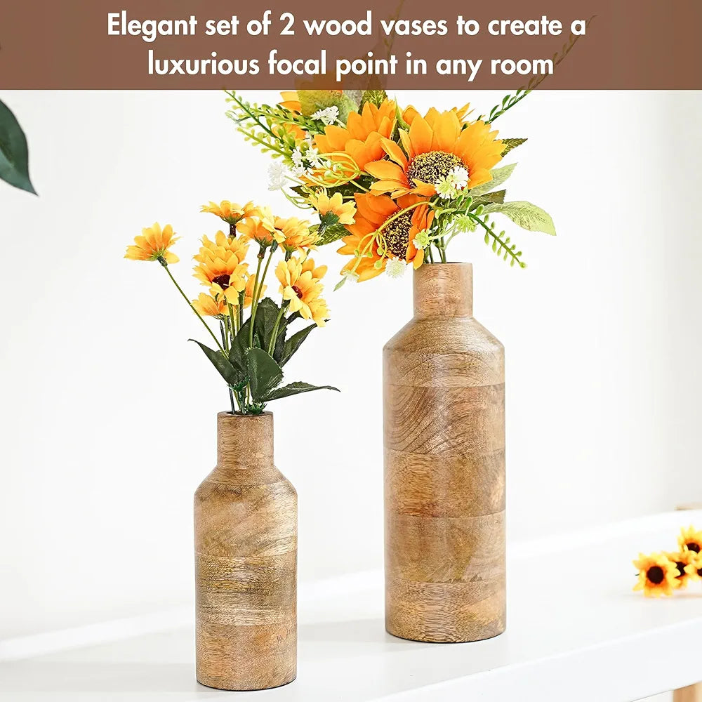 Behoma Wooden Flower Vase Set of 2 Bottle Shape Mango Wood Vases Height Natural Light Brown Flowers not Included