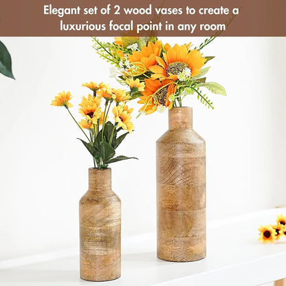 Behoma Wooden Flower Vase Set of 2 Bottle Shape Mango Wood Vases Height Natural Light Brown Flowers not Included
