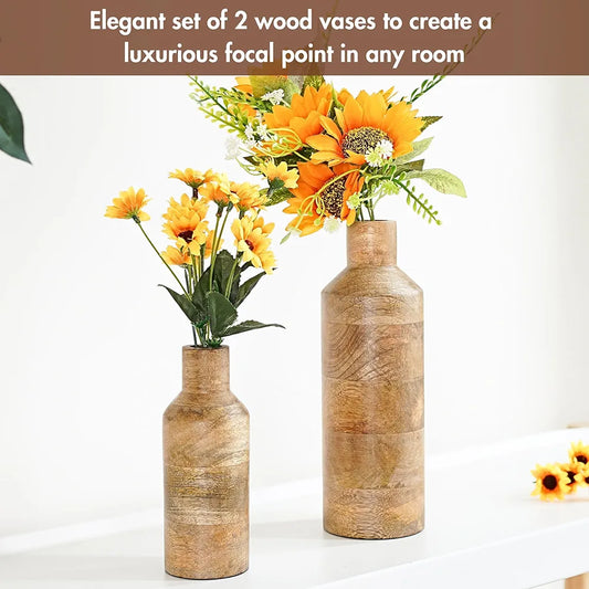 Behoma Wooden Flower Vase Set of 2 Bottle Shape Mango Wood Vases Height Natural Light Brown Flowers not Included