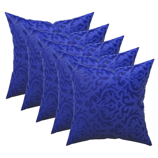 Kuber Industries Set of 5 Washable & Removable Velvet Sofa Pillow Covers with Zip Floral Design Royal Blue