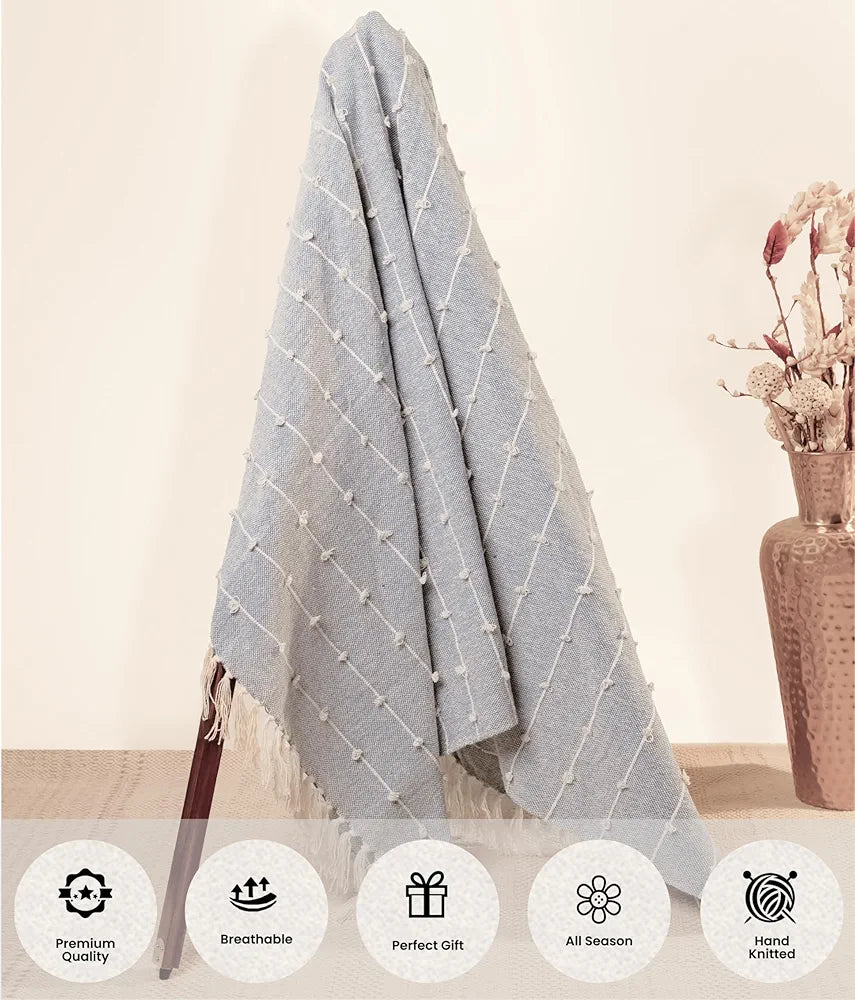 Sajavat Home Hand Knitted Pure Cotton Sofa Throw Colour Smoke Grey