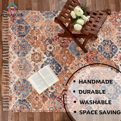 Homadorn Handmade Sustainable Printed Modern Dhurrie/Rugs/Carpet Colour Multicolor 014