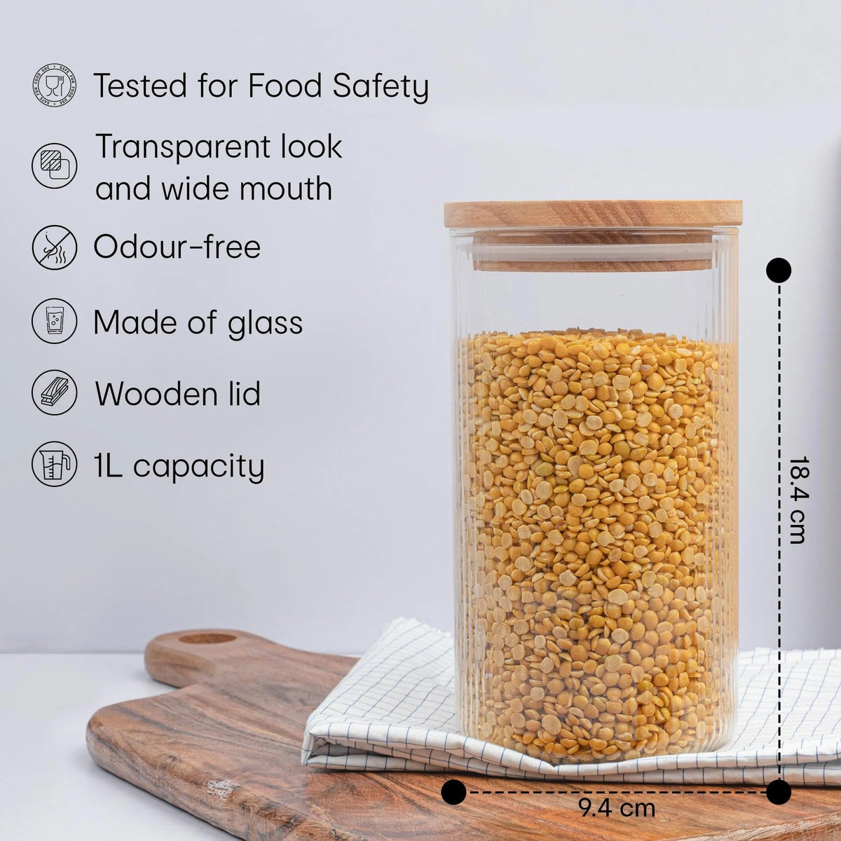 Anko 1L Borosilicate Ribbed Glass Jar | Airtight | Rubberwood Lid | Clear