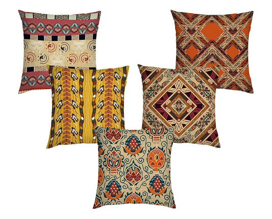 Aerohaven Jute 150TC Folk Art & Tribal Print Pillow Covers Vibrant Set of 5 for Home Decor