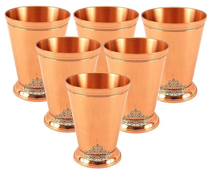 Indian Art Villa Copper Big Top Glass Tumbler Cup with 2 Designer Rings (Pack of 6)