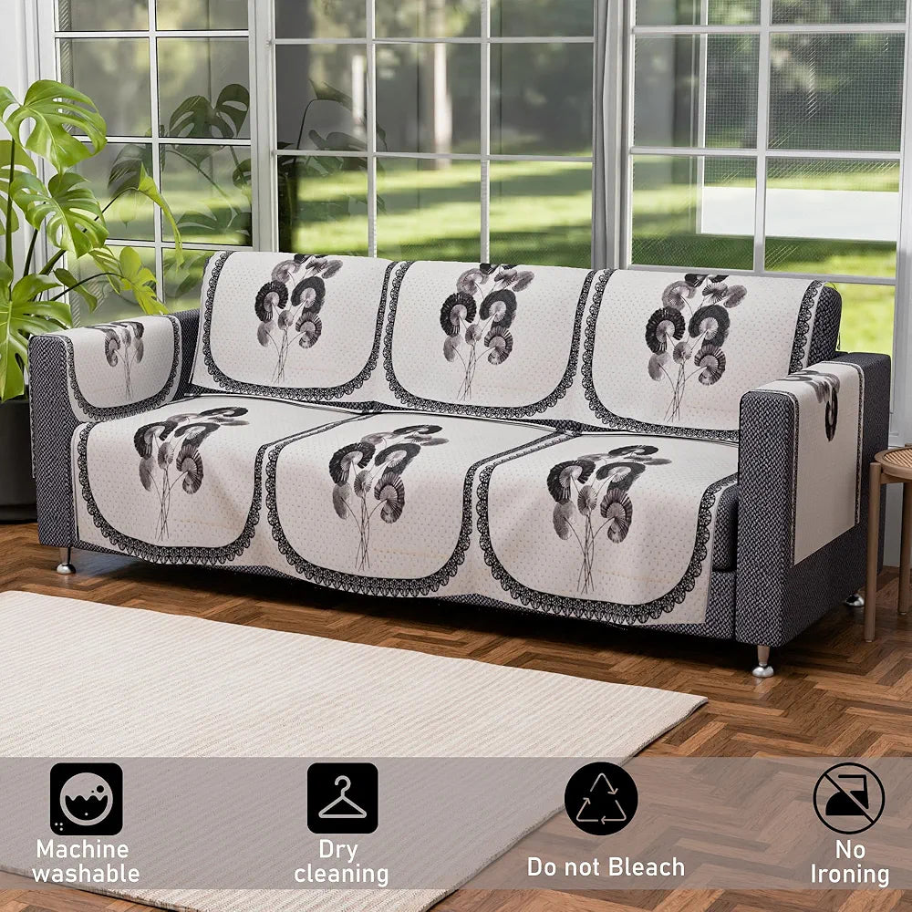 Kuber Industries Set of 16 Velvet Anti-Skid Sofa Cover 5-Seater with Arm Cover Digital Flower-Cream & Green