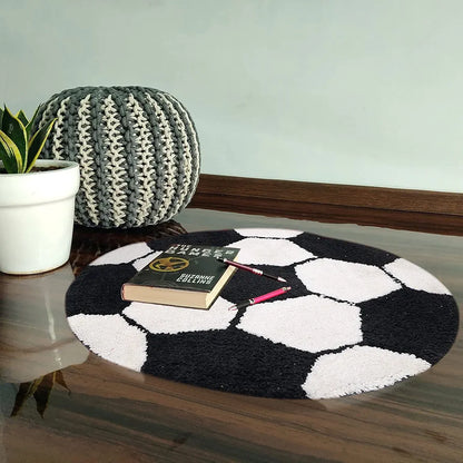 The Home Talk Kids Bath mat Floor Rug Football Design Cotton Round Anti-Skid Backing White & Black