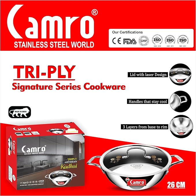 Camro Tripro Triply Signature Kadhai with lid 26 Cm 3.3 Liters Capacity Stainless Steel Lid for Curry