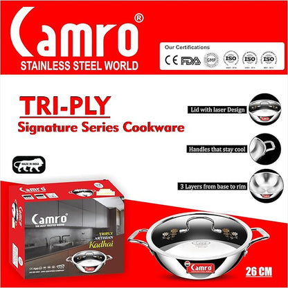 Camro Tripro Triply Signature Kadhai with lid 26 Cm 3.3 Liters Capacity Stainless Steel Lid for Curry