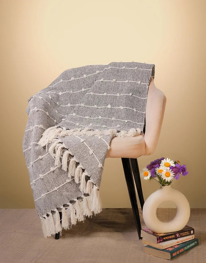 Sajavat Home Hand-Knitted Pure Cotton 3 Seater Sofa Throw Colour Black & Beige