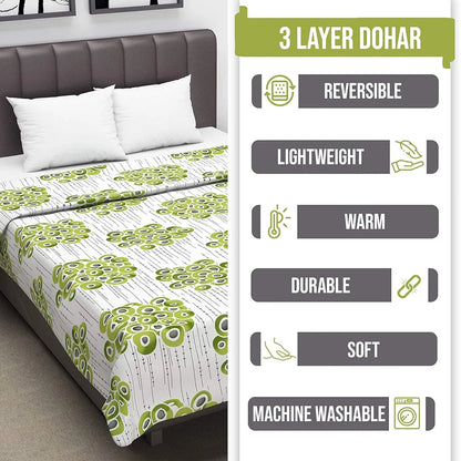 Divine Casa 120 GSM Super Soft Microfiber Cotton 3 Layer Breathable Double Bed Throw Blanket Colour Green and Grey