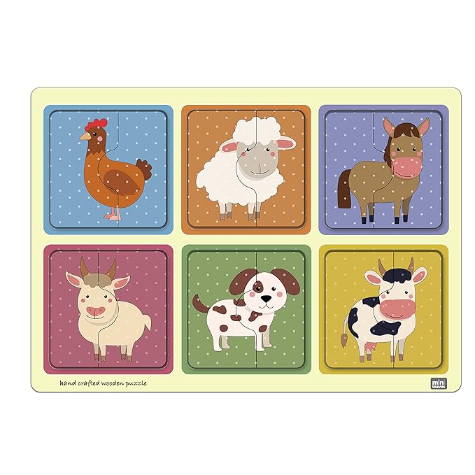 Mini Leaves 2 Piece Puzzle for Kids | Farm Animals Jigsaw Puzzle | Set of 6 Wooden Puzzles for Kids | Educational Toys for Kids