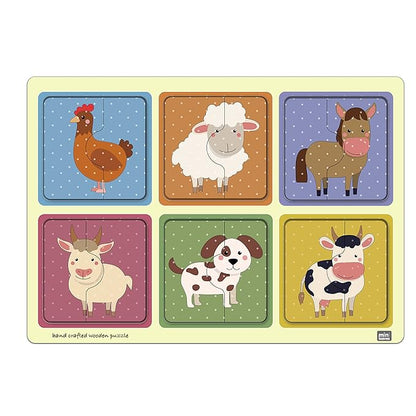 Mini Leaves 2 Piece Puzzle for Kids | Farm Animals Jigsaw Puzzle | Set of 6 Wooden Puzzles for Kids | Educational Toys for Kids