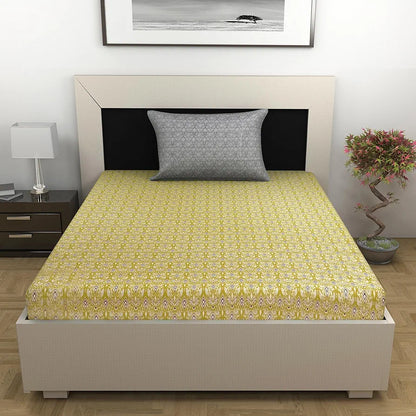 Divine Casa 144 TC Pure Cotton Single Size Bedsheet with 1 Pillow Cover Geometric Diamond Print Colour Golden Lime Grey
