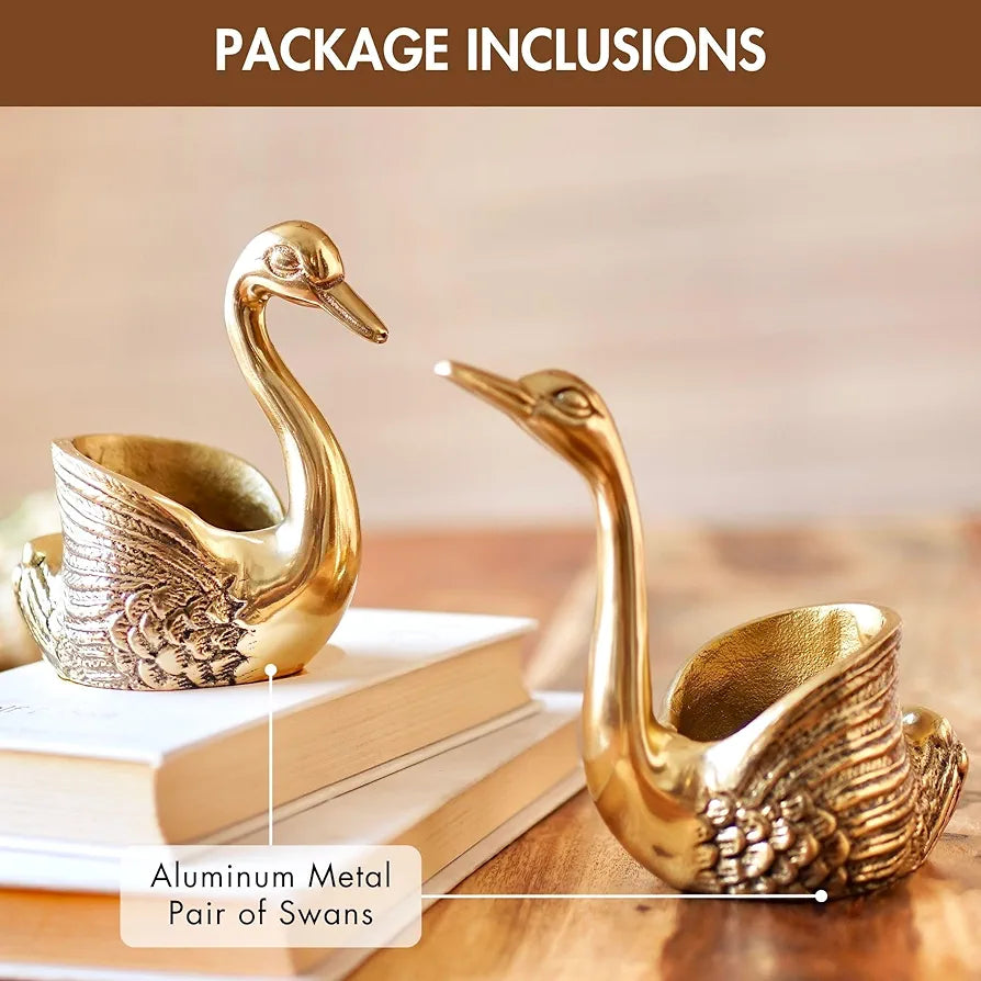 BEHOMA Aluminium Pair of Swans for Good Luck and Love | Candle Holder for Home| Showpiece for Gifting Anniversary Valentine's Day , Gold,13.5L x 7.5W x 14H Centimeters