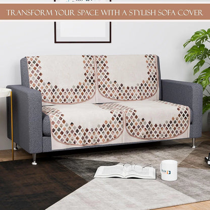 Kuber Industries Set of 6 Velvet 2+1 Seater Sofa Covers Dot Border Cream & Brown