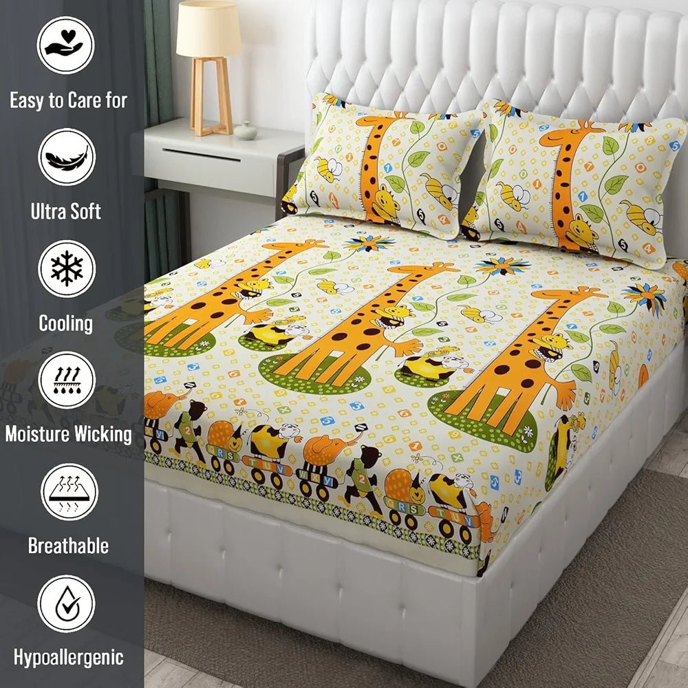 Fresh From Loom Elastic Fitted Bed Sheets Soft Glace Cotton 300 tc Fitted Bedsheet King Size Bed With Two Pillow Cover Yellow