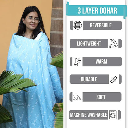 Divine Casa 120 GSM Microfiber Double Dohar Soft & Lightweight Throw Blanket Typography Pattern Colour Blue Topaz