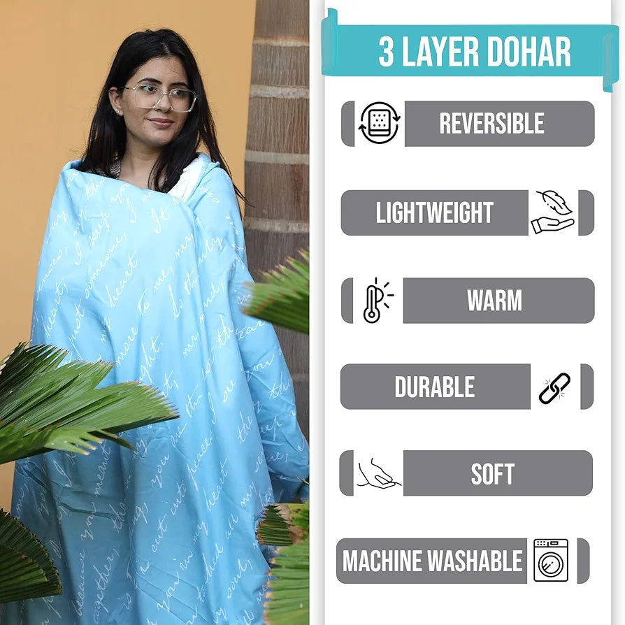 Divine Casa 120 GSM Microfiber Single Kids Dohar Soft & Lightweight Throw Blanket Typography Pattern Colour Blue Topaz