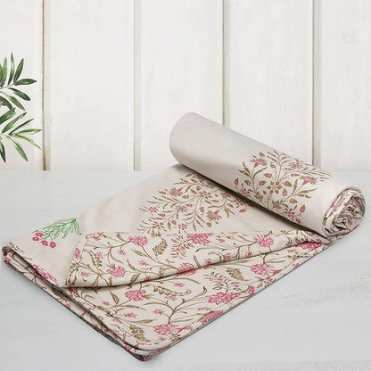 Huesland 100% Cotton Reversible Dohar Single Bed Cotton | Soft Cambric Weave, All Weather Light Ac Blanket Botanical Fusion - Ivory, Brown & Pink