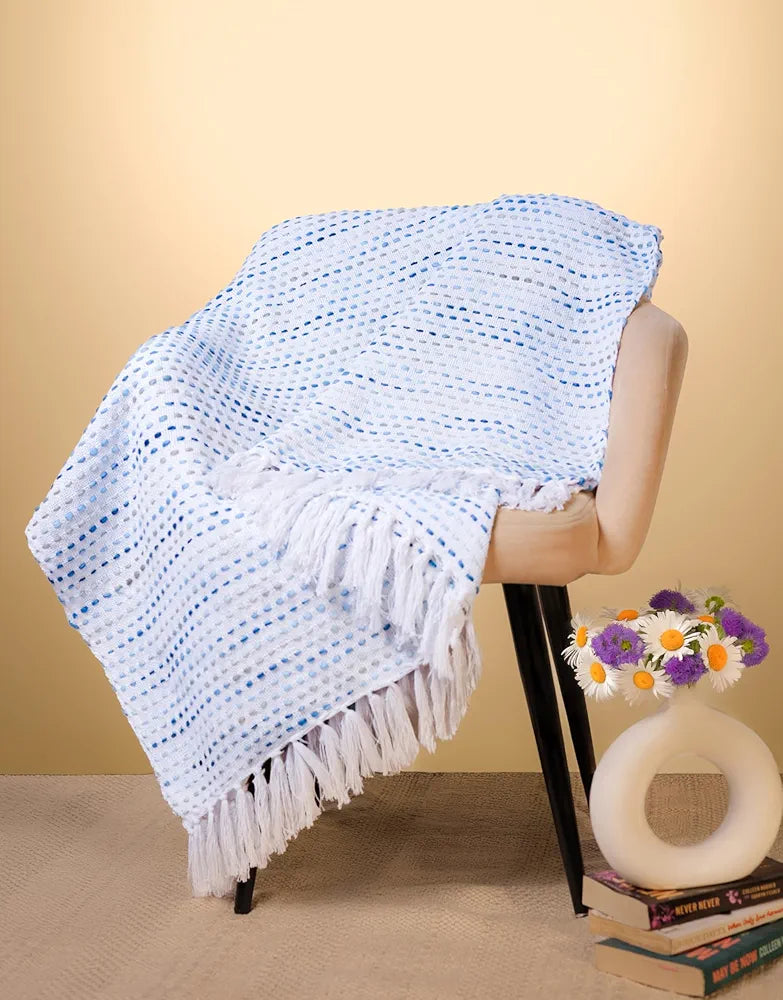 Sajavat Home Hand-Knitted Pure Cotton 3 Seater Sofa Throw with Cushion Cover Colour Egyptian Cushion & Multi Blue Throw