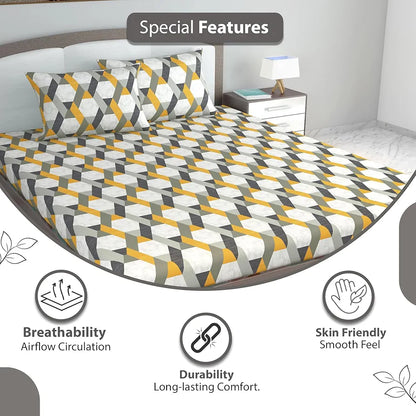 Divine Casa 144 TC Abstract Print Cotton Bedsheets for King Size Bed with 2 Pillow Covers Colour Greyochre