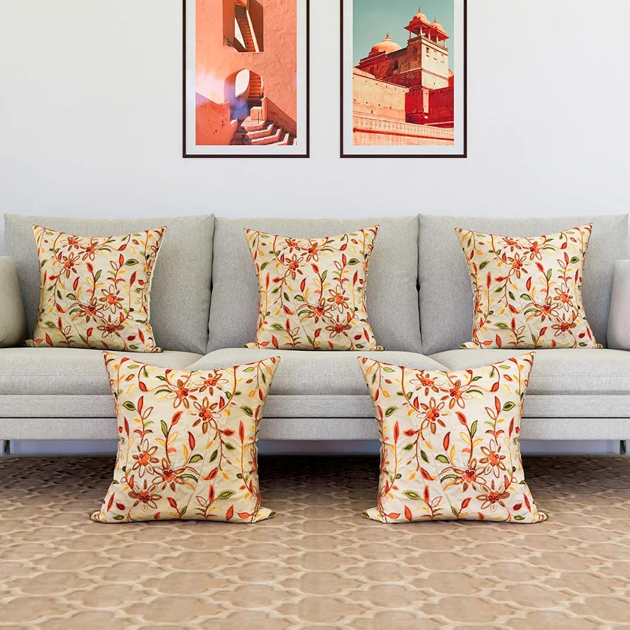 Kuber Industries Cushion Cover Pillow Covers Embroidery Cushion Covers Set of 5 Cream