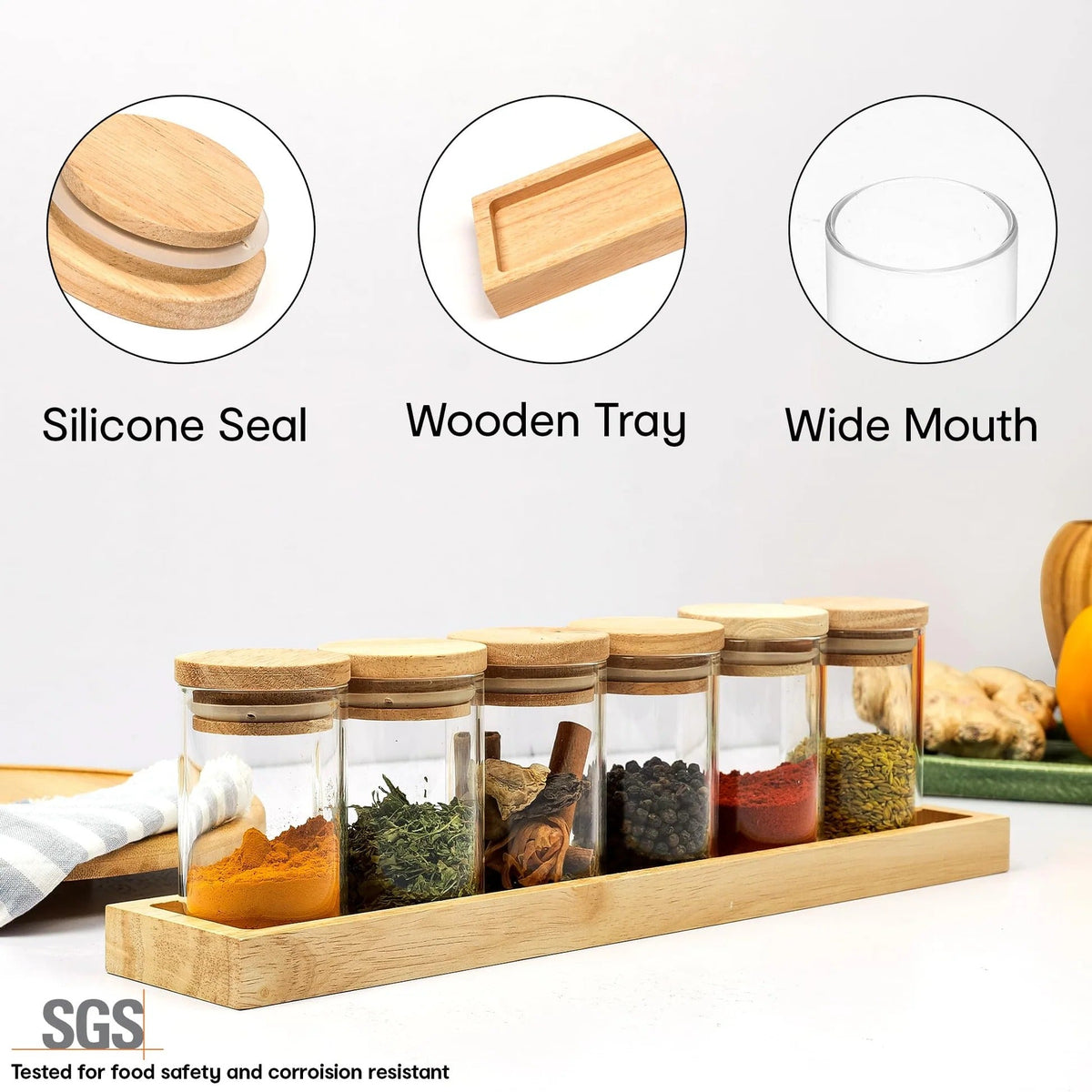 Anko Set of 6 Glass Spice Jars with Wooden Tray | 90ml | Airtight | Rubberwood Lid | Brown