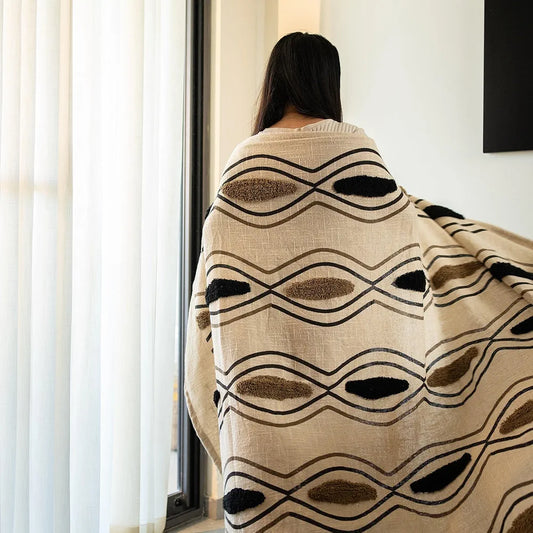 Sashaa World Chic Beige Black Patterned Cotton Throw Colour Beige/Black/Natural