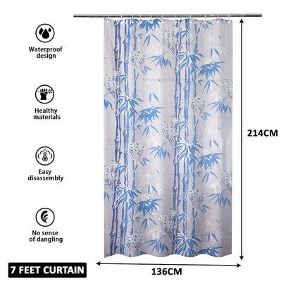 Kuber Industries Shower Curtain Bathroom Shower Curtain 8 Rings Curtain Bamboo Print Blue
