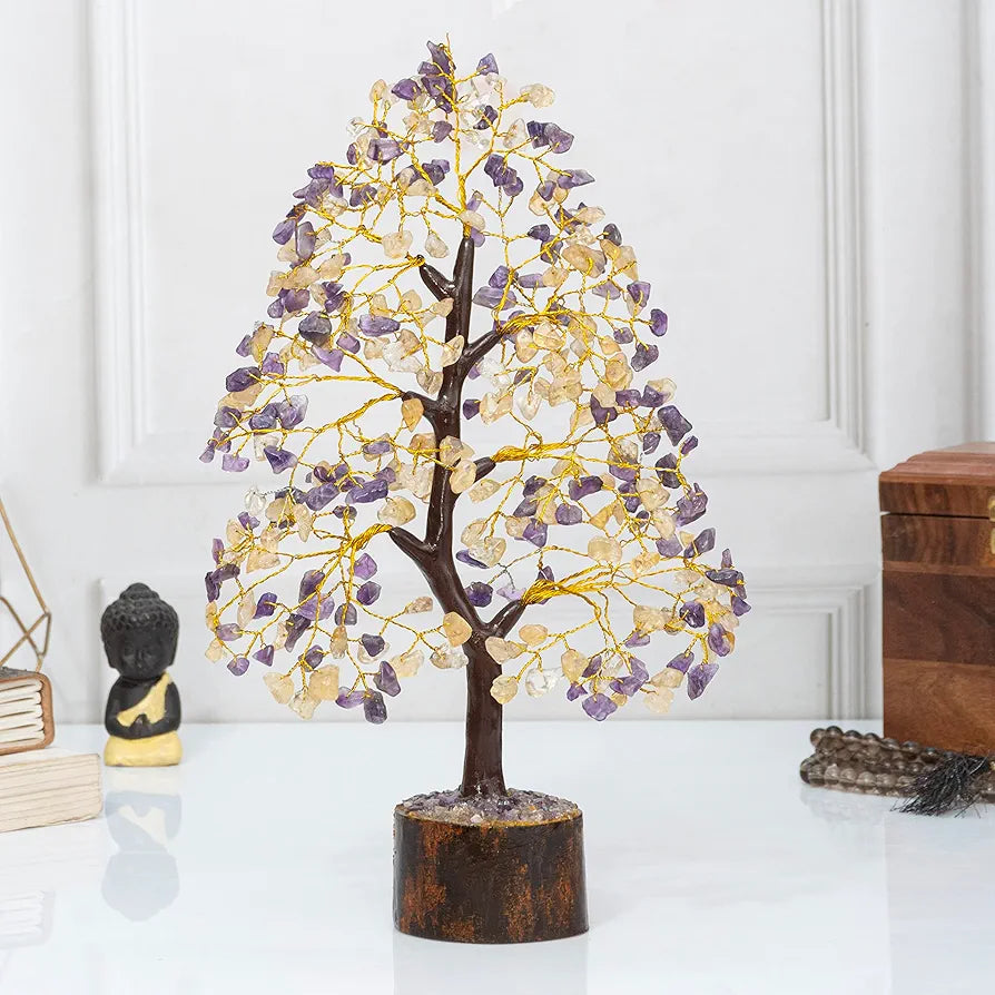 HindCraft Amethyst & Citrine Crystal Tree Golden Wire 10-12 inch