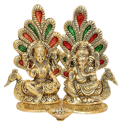 Chhariya Crafts Laxmi Ganesh Idol Statue with Diya Peacock Design Decorative Showpiece for Home and Office Decor Gift Item - 14 cm