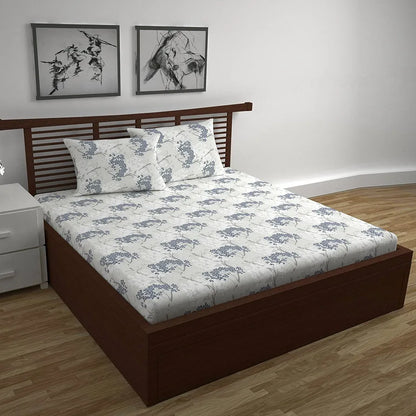Divine Casa 144 TC 100% Cotton Bedsheet for Double Bed with 2 Pillow Cover Colour Grey Blue