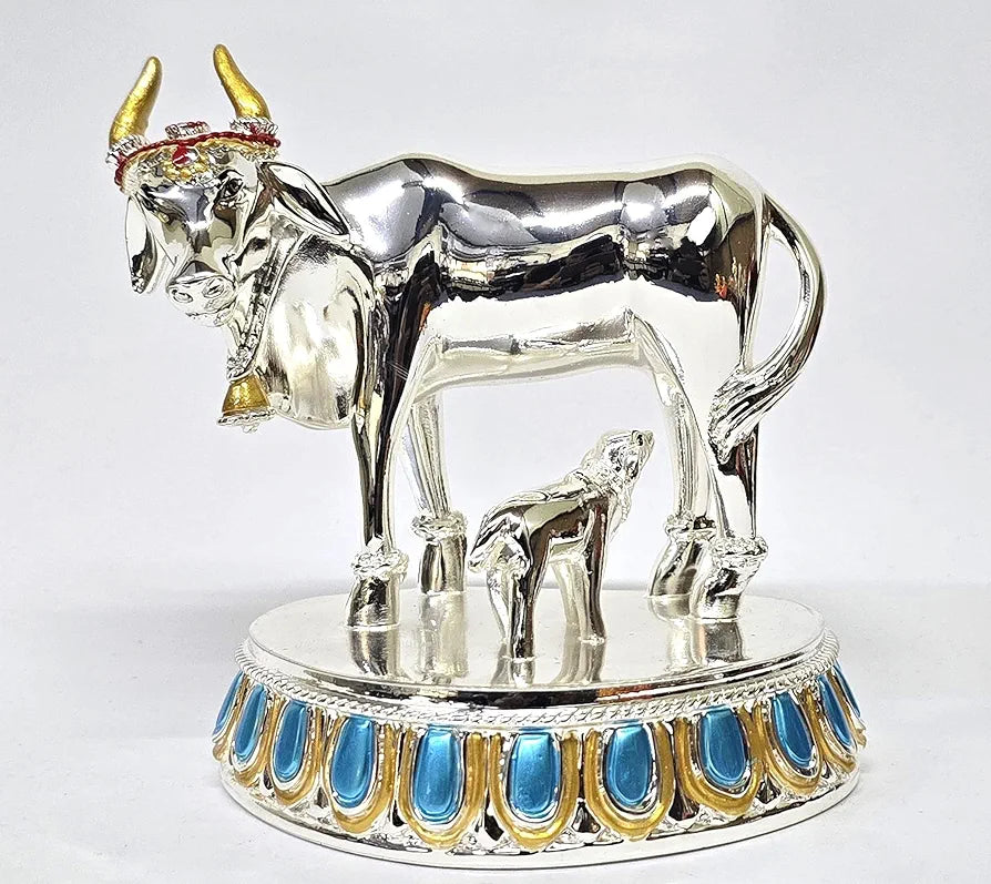 Gold Art India Kamdhenu Cow with Calf 999 Silver Plated Plain Large Size