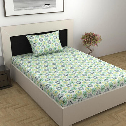 Divine Casa 100% Cotton Bedsheet for Single Bed, 144 TC Bedsheet Single Size Bed Cotton with 1 Pillow Cover Colour Green Blue