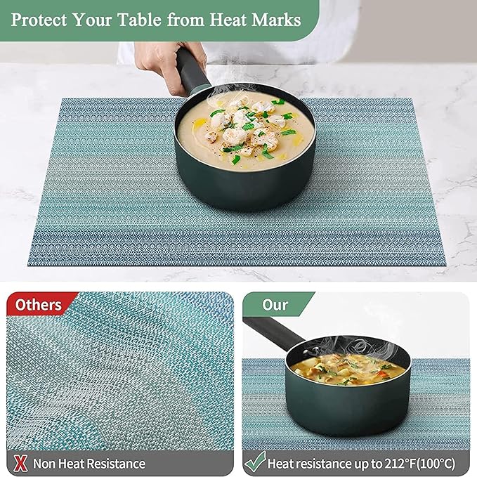 Leeonz Easy to Clean Non-slip Heat Resistant Dining Table Place Mats Ombre Blue Set of 4pcs