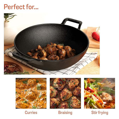 Meyer Pre Seasoned Cast Iron Kadai | Iron Kadhai with Lid 24cm/ 2 Liters Black