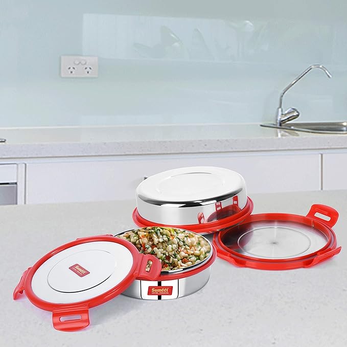 Sumeet Airtight & Leak Proof Steelexo S. S.Lunch Box Lid Size 600 ml Set of 2pc -Red