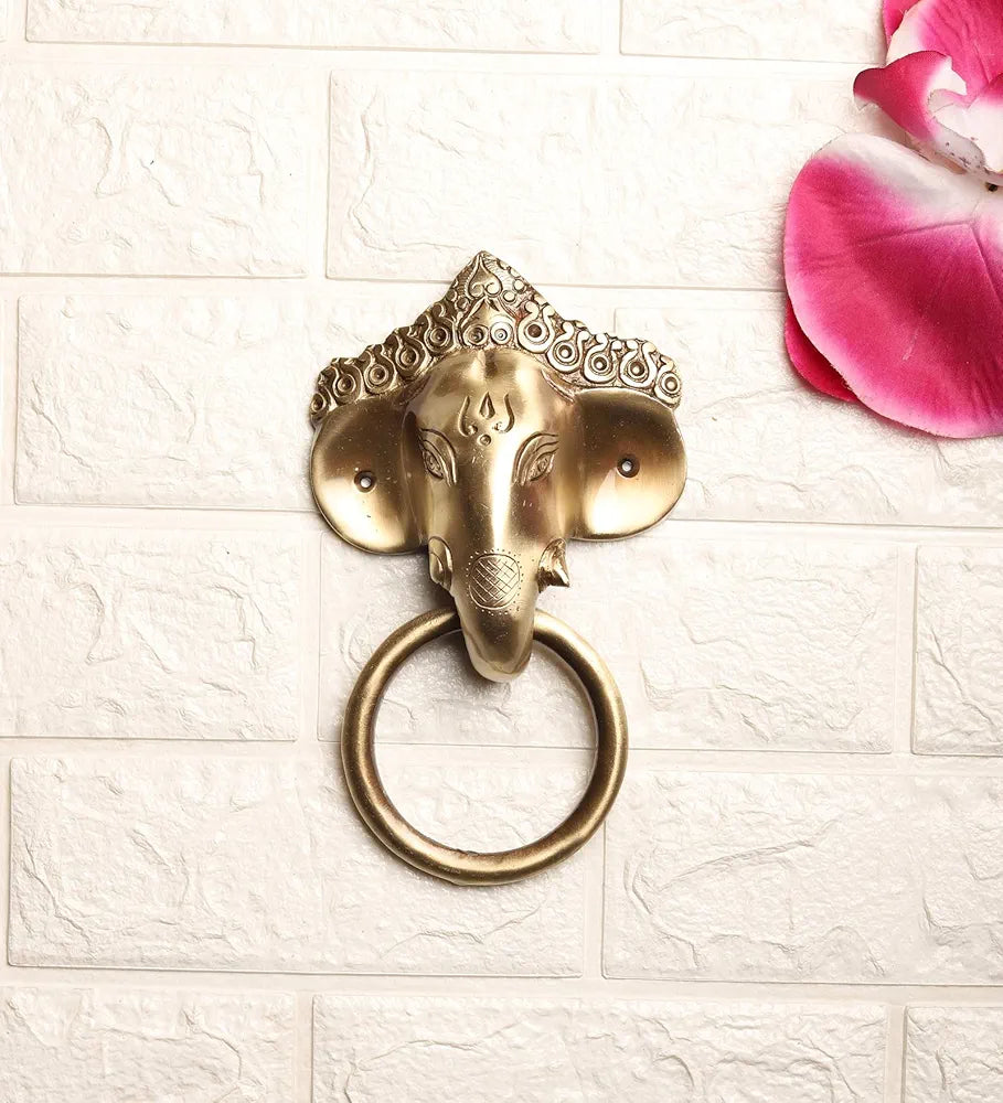 Two Moustaches Brass Ganesha Mask Door Knocker Antique Brown